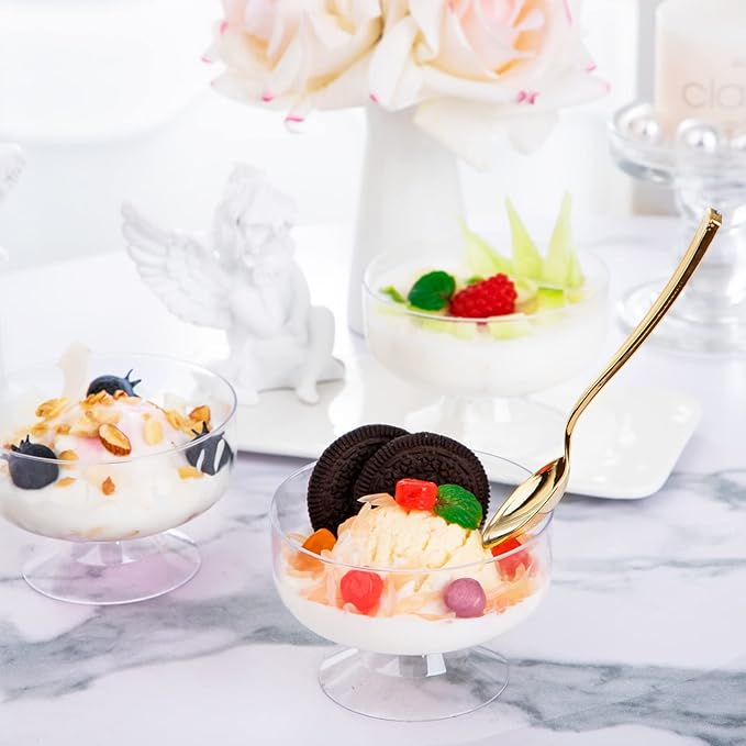 WDF 7oz Clear Dessert Cups Disposable - 96 Pack Dessert Cups With Mini Gold Spoons Plastic Parfait Cups Medium to Large 48 Ice Cream Plastic Cups & 48 Gold Tasting Spoons for Party & Thanksgiving