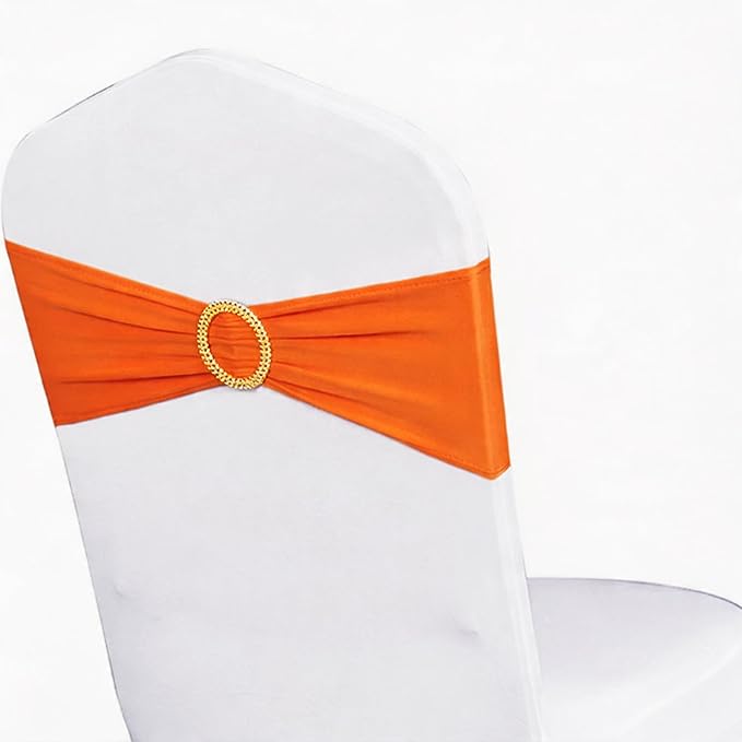 Pack of 50 Spandex Orange Chair Sashes with Gold Buckles, Stretch Chairs Sashes for Wedding Party Baby Shower Ceremony Event Decorations Chair Bands Bows (Orange Sashes, Gold Buckles)