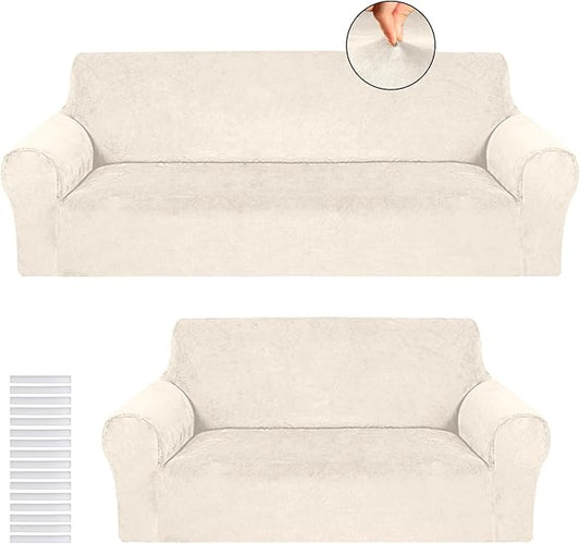 Peryiter 2 Pcs Sofa Covers Couch and Loveseat Covers Set Stretch Sofa Slipcover for Living Room Armchair Furniture Protector, Wrinkle Proof(Beige,Velvet)