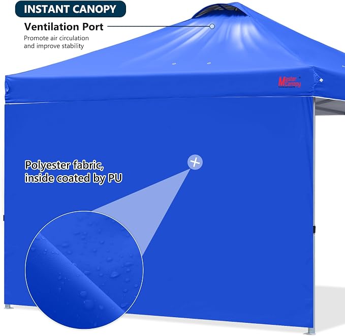 MASTERCANOPY 8x8 Pop Up Canopy Tent with 1 Sidewall, 1 Person Setup Instant Shelter, Outdoor Portable Beach Canopy, 1 Roller Bag, 4 Sandbags, 4 Ropes, 8 Stakes (8x8, Blue)