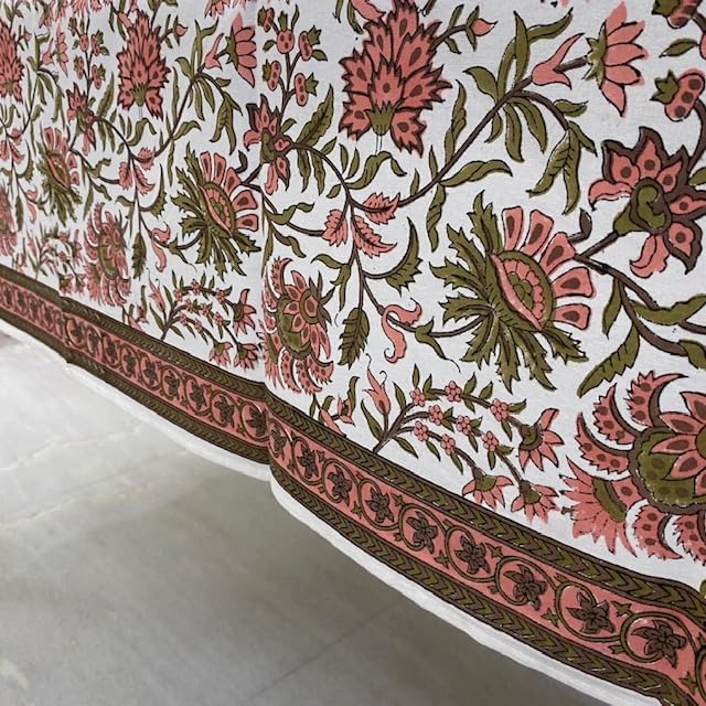 Ridhi New York Pink and Olive Green Hand Block Print Cotton Rectangle Tablecloth 160" x 72" inches Reusable Table Cover Decorative Everyday Use for Dining Room, Farmhouse, Gift Spring, Mother's Day