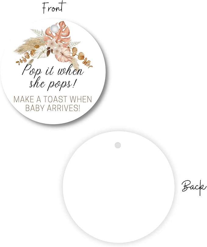 Pop It When She Pops Champagne | 30 Pack | 2.5" Circle Tag With Pre-Cut Hole | Baby Shower Party Favor | Boho Flower Design