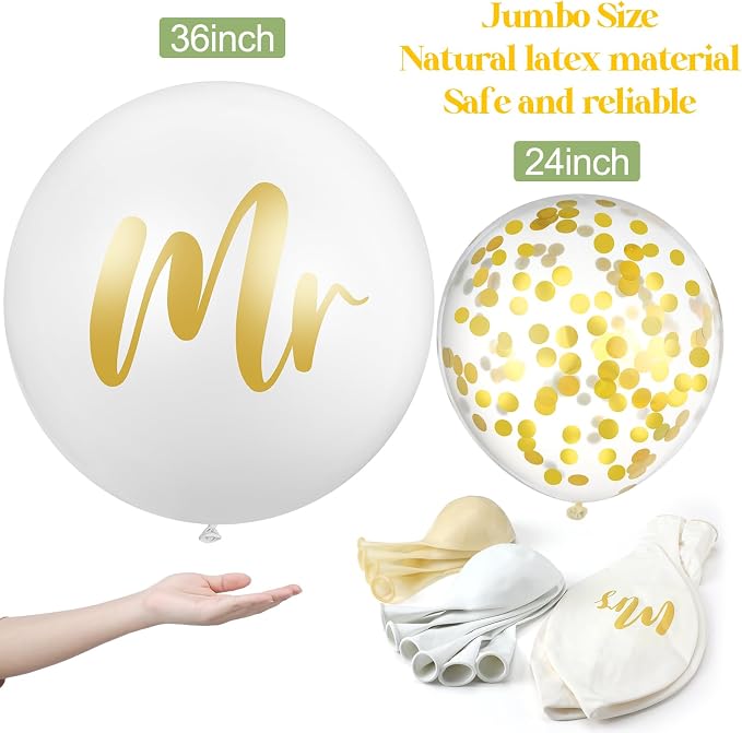 Wettarn 15 Pcs Giant Wedding Decor Kit 36 Inch Jumbo White Mr. Mrs. Balloons with Paper Tassel 24 Inch White Large Married Balloons with 65ft Leaf Ribbon for Wedding Engagement Party Decorations