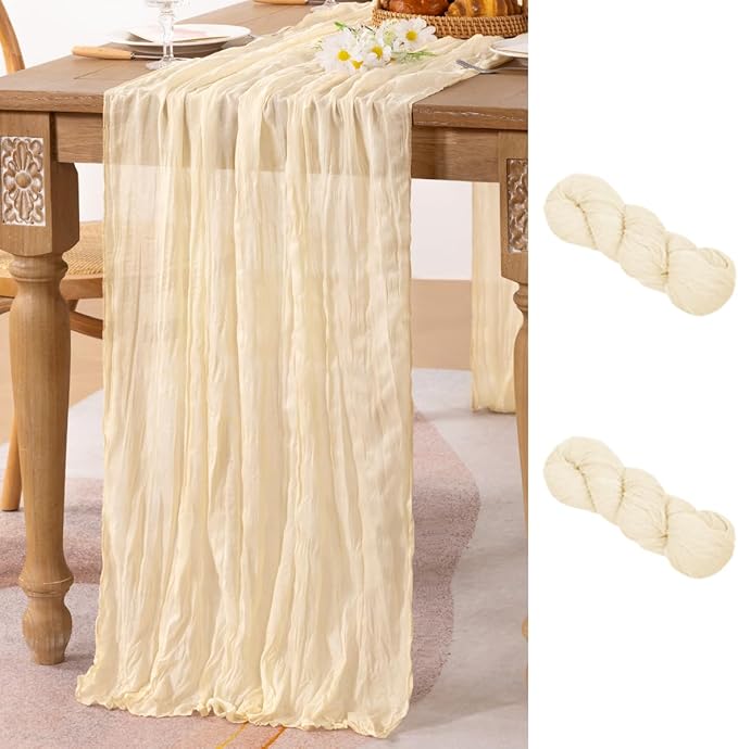 MLMC 2 Pack Beige Cheesecloth Table Runner 10ft Cream Rustic Gauze Cheese Cloth Table Runner 35x120 Inches Sheer Cloth Centerpiece for Wedding Baby Bridal Shower Home Decor