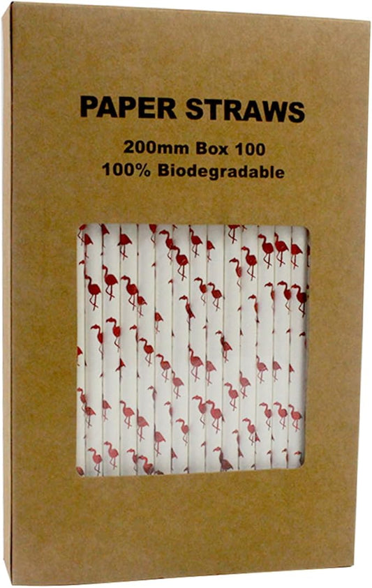 100 Pack Flamingo Paper Drinking Straws, 7.75 x 0.25 inches, Summer Party Pack (Red Flamingo)