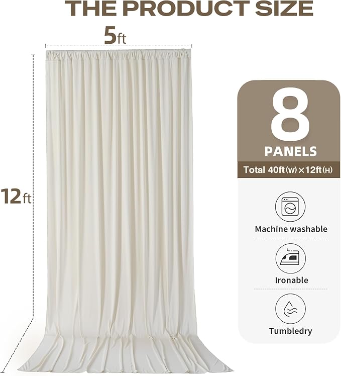 40ftx12ft Beige Backdrop Curtains for Parties, Wrinkle Free Polyester Beige Photo Backdrop Drapes 8 Panels 12 ft Long Back Drop Cloth for Wedding Birthday Photography Background