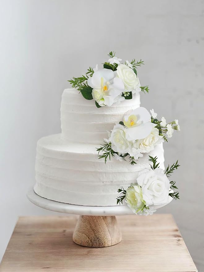 Rinlong 3Pcs Pre-made White Orchid Cake Flowers Cake Toppers Decorations Wedding Cake Decorating Flowers Decor Birthday Baby Shower Party Artificial Flower Cake Topper Flower Arrangements