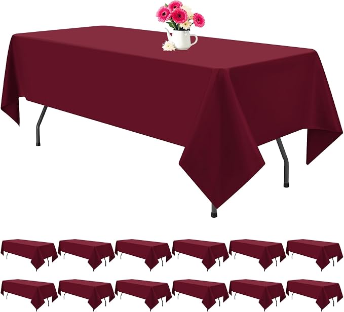 12 Pack Burgundy Tablecloths for Rectangle Tables 60 x 126 Inch Polyester Tablecloth 8 Foot Rectangle Table Cloth Wrinkle Resistant Washable Fabric Table Cover for Party Wedding Banquet Events