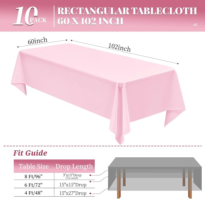 10 Pack Pink Tablecloth 60 x 102 Inch Light Pink Tablecloth for 6 Foot Rectangle Tables Pink Table Cloth Washable Polyester Fabric Table Cloths for Parties Wedding Banquet Christmas