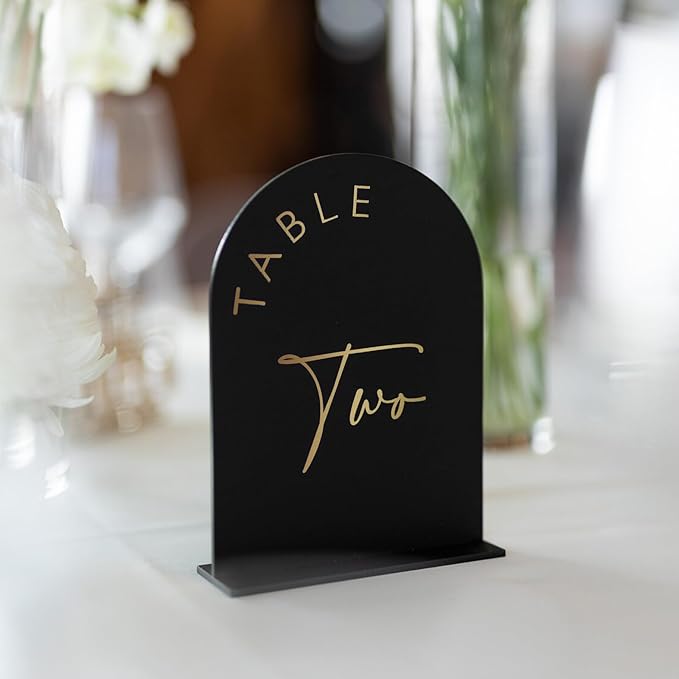 Black Arch Wedding Table Numbers 1-15 with Stands, 5x7 Inch Black Acrylic Sign with Gold Lettering, Arched Acrylic Table Numbers for Wedding Reception