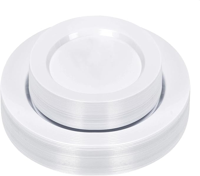 Bestluck 50PCS White Plastic Plates, Disposable Dinnerware for 25 Guests, Include 10.25 inch & 7.5 inch Dinner & Dessert Plates for Party, Wedding and Graduation