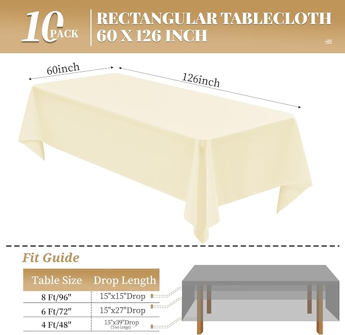 10 Pack Beige Tablecloth 60 x 126 Inch Beige Table Cloth for 8 Foot Rectangle Tables Cream Tablecloth Washable Polyester Fabric Cream Table Cloth Rectangle for Parties Wedding Banquet
