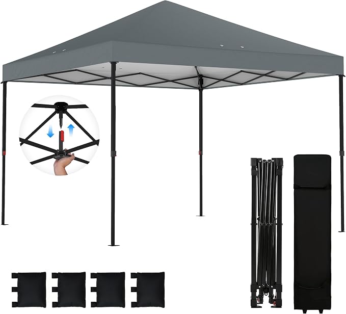 Outsunny 10 x 10 ft Pop Up Canopy Tent with One Push Setup, Easy Setup Outdoor Portable Instant Canopy Shelter with Wheeled Carry Bag, Sandbags, Adjustable Height for Parties, Events, Dark Gray