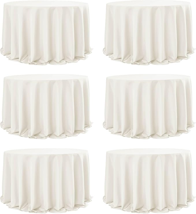 6-Pack Ivory Round Tablecloths, 132 Inches, Stain-Resistant Polyester for 6-8 Ft Round Tables - Washable Table Covers for Weddings, Banquets, Birthday Parties, Events