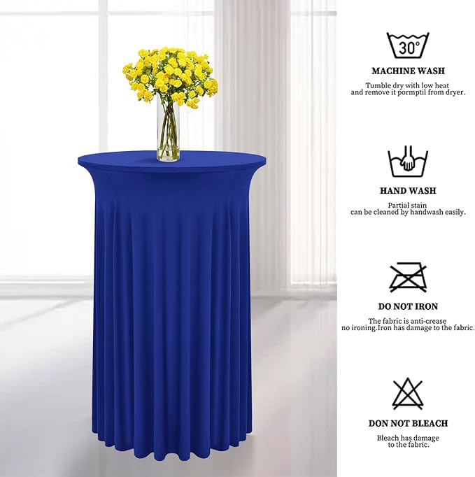 6 Packs Round Cocktail Table Skirt 32"x 43" Spandex Stretch Cocktail Tablecloth with Wavy Drapes, Royal Blue Spandex Fitted High Top Table Covers for Wedding Bar Party Birthday Banquet Tables