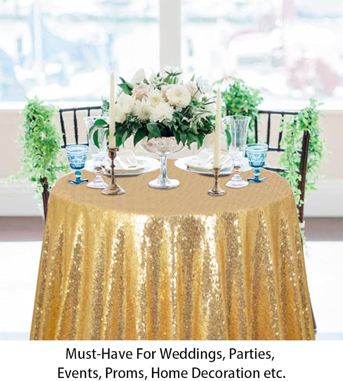 ShiDianYi Round Sequin Tablecloth 72'' Gold Glitter for Party - Sparkle Table Overlay, Shiny Cake Dessert Cover - Shimmer Table Cover for Wedding Reception