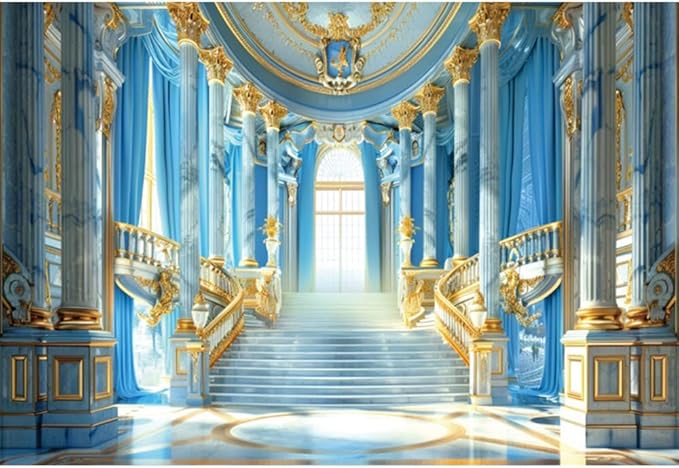 Laeacco 5x4ft Blue Gold Palace Interior Backdrop Sky Blue and Golden Staircase Columns Luxurious Castle Hall Photography Background for Birthday Wedding Bridal Baby Shower Party Photo Booth Props