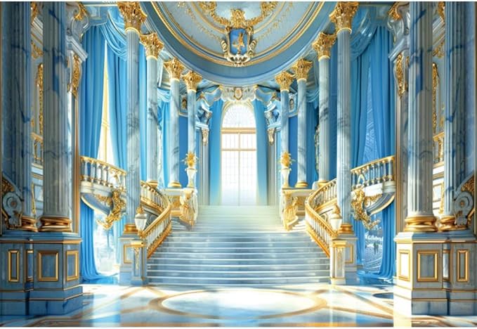 Laeacco 9x6ft Blue Gold Palace Interior Backdrop Sky Blue and Golden Staircase Columns Luxurious Castle Hall Photography Background for Birthday Wedding Bridal Baby Shower Party Photo Booth Props