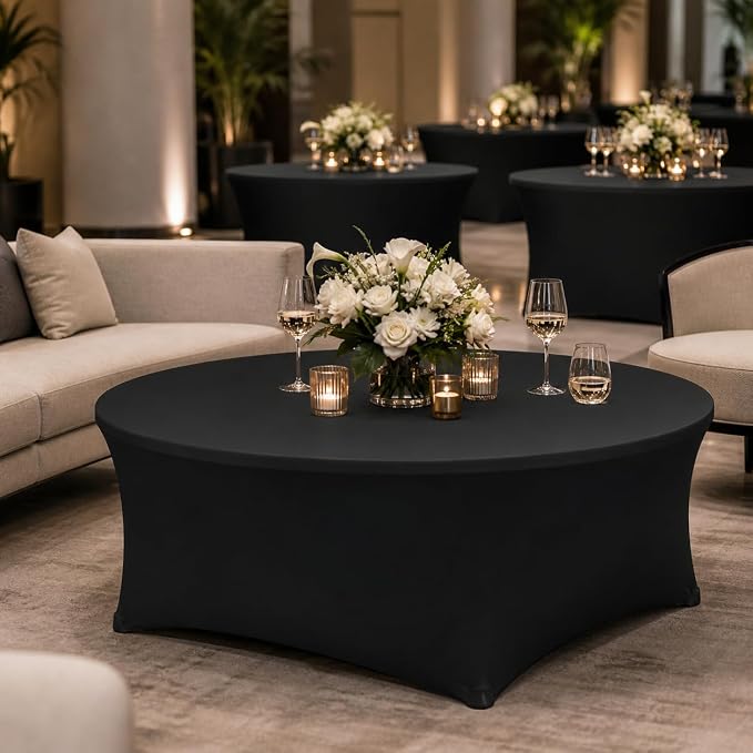 Round Table Covers - 6 Pack 72x30 Inch Table Cloth - Black Fitted Stretch Spandex Round Tablecloth for Party, Exhibition, Wedding, Event, Banquet