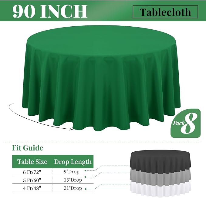 8 Packs Green Round Tablecloth - 90 Inch, Premium Polyester Table Cloth for Round Tables, Washable Fabric Table Covers for Wedding, Party, Banquet, Dining Tables and Camping