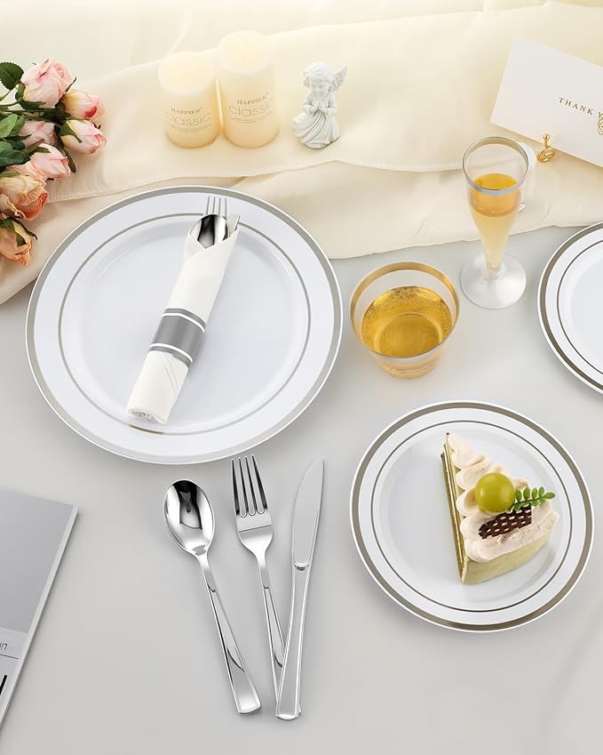 Goodluck 320 PCS Silver Disposable Plastic Dinnerware Set for 40 Guests, Include 40 Dinner Plates, 40 Dessert Plates, 40 Napkins with Silverware, 40 Cups, 40 Champagne Glasses, for Christmas, Wedding
