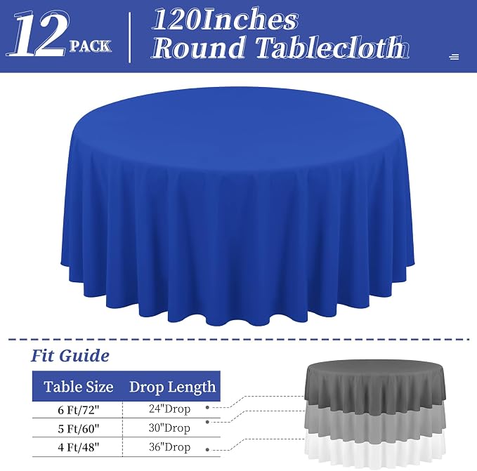 12 Pack Round Tablecloths - 120 Inch, Royal Blue Polyester Table Cover for Round Table, Stain and Wrinkle Resistant Washable Fabric Tablecloth, Polyester Tablecloth for Wedding Banquet Parties