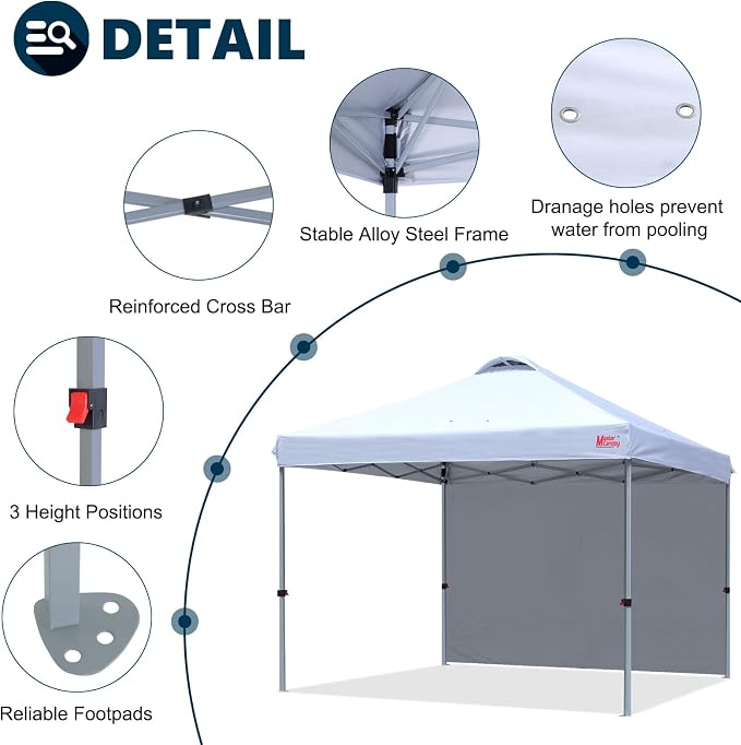 MASTERCANOPY 8x8 Pop Up Canopy Tent with 1 Sidewall, 1 Person Setup Instant Shelter, Outdoor Portable Beach Canopy, 1 Roller Bag, 4 Sandbags, 4 Ropes, 8 Stakes (8x8, White)
