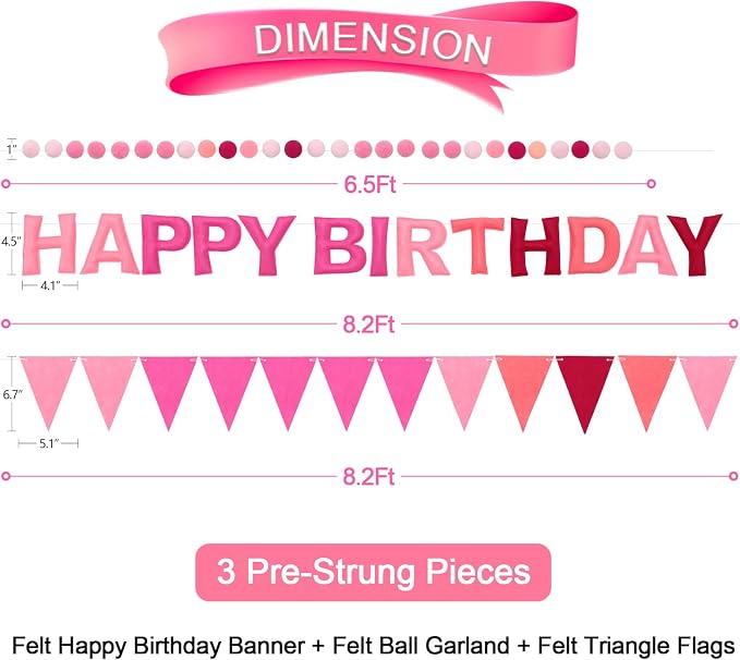 Pre-Strung Happy Birthday Banner & Felt Garland Set - Ombre Pink Birthday Decorations for Women Girls | Reusable Party Supplies for Indoor & Outdoor