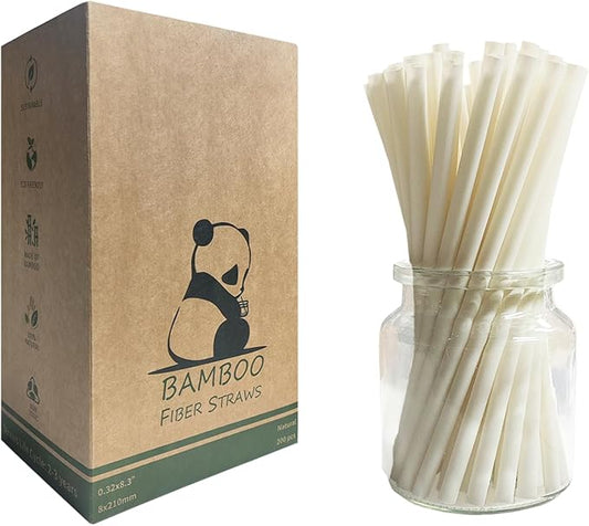 Biodegradable Disposable Bamboo Fiber Straws 8.3" x 0.3" - Pack of 200 Extra Long Tall Giant Straw Plant Based Straw Bamboo Drinking Straws Made for Cocktails, Hot & Cold Drinks