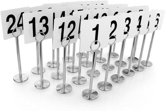 New Star Foodservice Ring Clip Table Number Card Holders with Number Cards, Numbers 1–24, Set of 24, 8 Inch, Chrome Stand