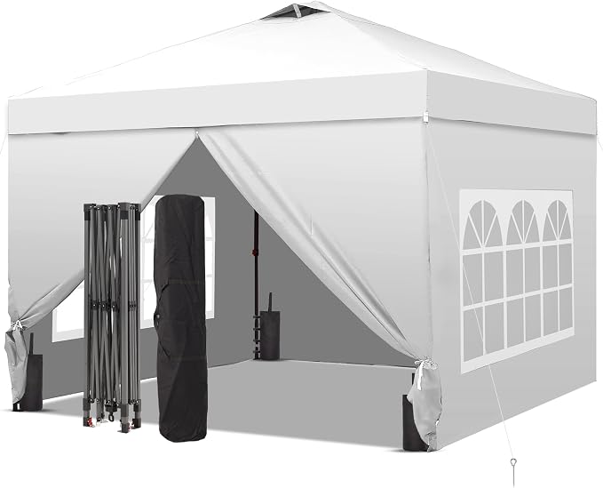 GDY 10x10 Pop Up Canopy Tent with 4 Sidewalls, Easy Set up with One Push Lift Outdoor Silver Coated Beach Gazebos, Carpas with 4 Sandbags, for Events, Parties,Camping, White.