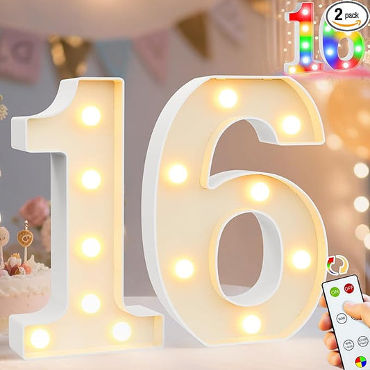Pooqla 16th Birthday Decoration for Girls Boys, Decorative LED Light Up Numbers, Marquee Numbers 16 Sign for Party Backdrop 16th Wedding Anniversary Decor Gift, Warm White and Colorful Number 16