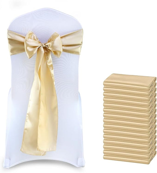 MDS Satin Chair Sashes, 100 Pack, 7”x108” Each, Decorative Chair Bows Ribbon Tie Backs for Wedding Party, Holiday Dinner, Birthday, Reception, Banquet, Hotel & Event Decoration - Champagne Gold