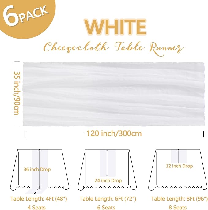 6 Pack White Cheesecloth Table Runner 10Ft Spring Gauze Cheese Cloth Table Runner 35x120 Inch Boho Sheer Rustic Fabric for Party Decor Baby Shower Wedding Holiday Decorations