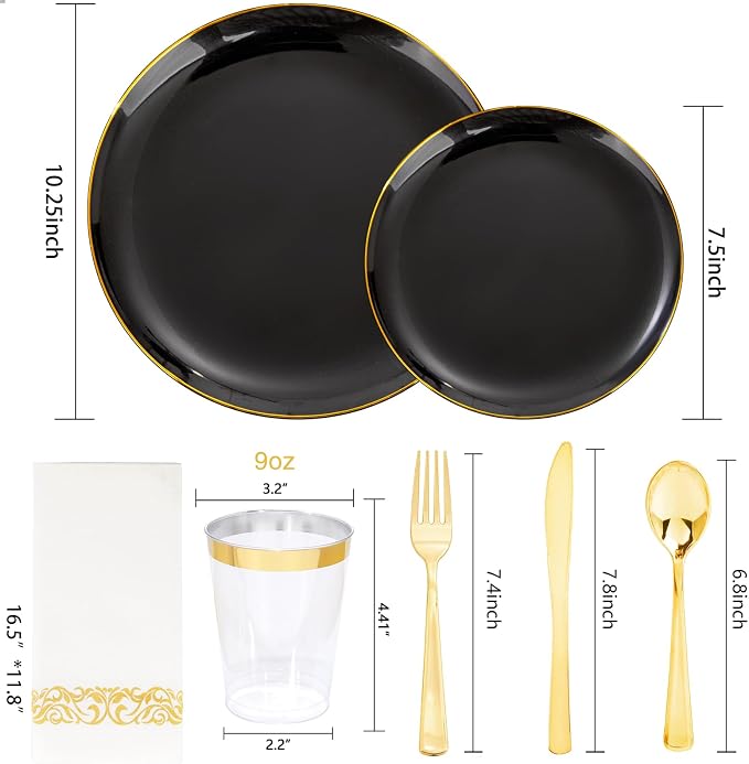 Supernal 350PCS Black and Gold Plastic Dinnerware Set (Serves 50 Guests) - Elegant Black Plates with Gold Rimmed Edges, Disposable Gold Silverware, Cups, Napkins for Party, Wedding,Celebration