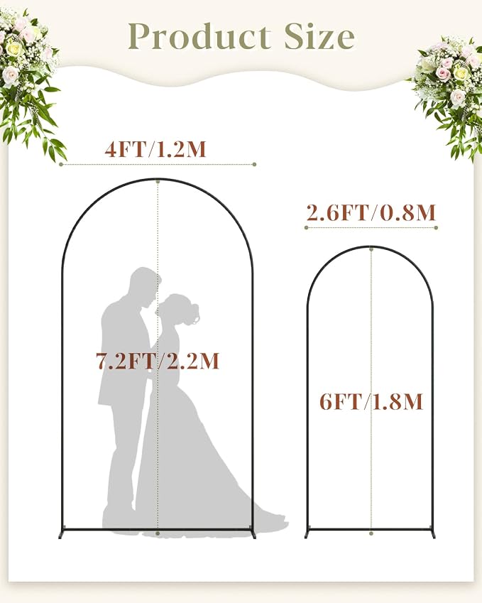 Wedding Arch, Metal Arch Backdrop Stand, Balloon Arch Stand Wedding Frame for Ceremony Decoration (Black, 7.2FT, 6FT Arch Backdrop)