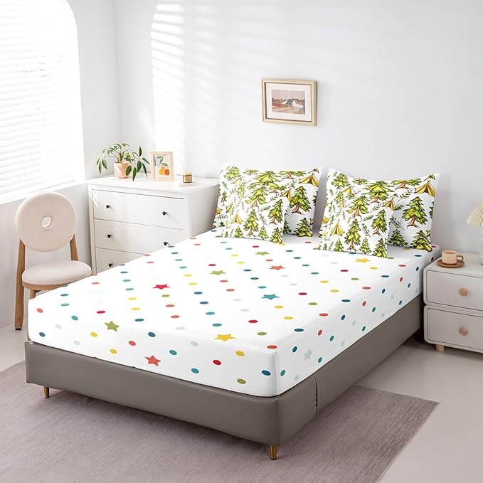jejeloiu Happy Camping Comforter Set with Sheets King Size 7 Pieces Kids Tree Branches Woodland Bedding Set for Boys Girls Summer Leaves Pattern Nature Theme Bed in a Bag Room Decor