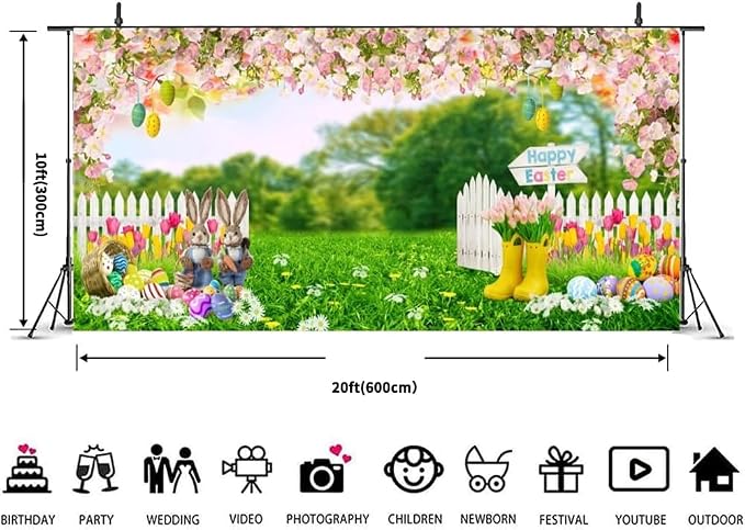 Easter Photo Backdrop 20x10ft Spring Garden Bunny Eggs Floral Green Grass Fence Easter Photography Backdrops for Happy Easter Party Decorations Banner Photo Booth Studio Props