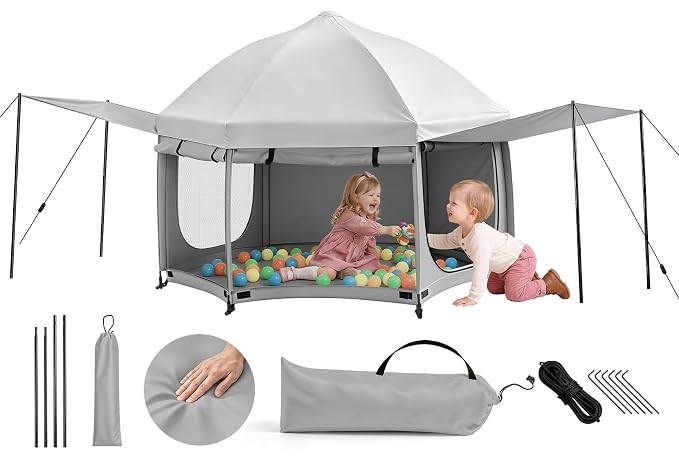 Dripex Upgraded Pop Up Playpen w/t 2-Side Canopy Extension & Built-in Pad,Quick Foldable Indoor/Outdoor Baby Playpen w/t One-Click Safe Lock,2-Side Roll-Up Door,Travel Pop and Go Beach Play Pen Grey