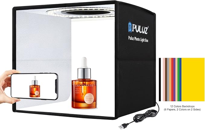 10"x10" Mini Photo Light Box, PULUZ Portable Lightbox with 104 LED Ring Light, CRI 97+ Dimmable Shooting Tent Kit, 12 Backdrops Photo Studio for Jewelry & Small Items Photography