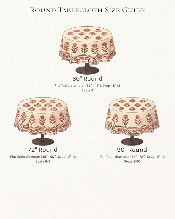 ATOSII Santorini 100% Cotton Round Boho Fall Tablecloth, Handblock Floral Table Cloth Linen for Kitchen Dining I Parties Wedding Outdoors Christmas Thanksgiving I 90" Inches Round I 6 Seater
