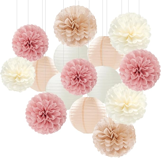 Rose Gold Pink Beige Champagne Party-Decorations Paper Lanterns Panduola | 15pc Tea Party Backdrop Boho Birthday Bachelorette Bridal Baby Shower Engagement Wedding Decor Tissue Pom Poms Streamers
