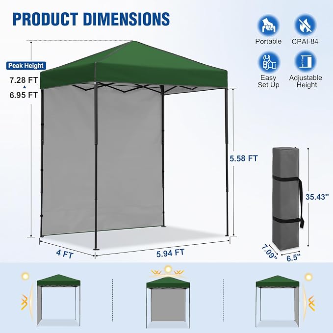 6x4 Pop Up Canopy Tent with One Wall Panel, Instant Portable Beach Canopy, Outdoor Tent with Carry Bag for Camping, Sports, Tailgating, Events, Green