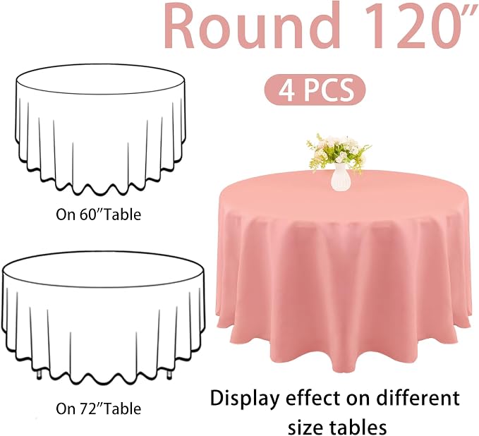 4 Pack 120 Inch Round Tablecloth Polyester Washable Table Covers for Wedding Dining Table Buffet Parties Banquet Decor（Dusty Rose）