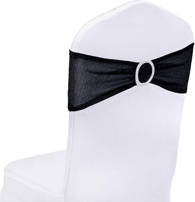 SquarePie Pack of 10 Black Chair Sashes Bows with Buckle Slider Universal Elastic Spandex Bands Ties for Banquet Event Decor
