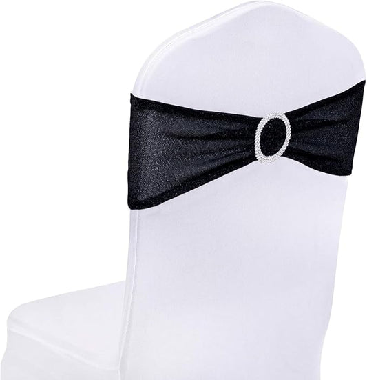 SquarePie Pack of 10 Black Chair Sashes Bows with Buckle Slider Universal Elastic Spandex Bands Ties for Banquet Event Decor