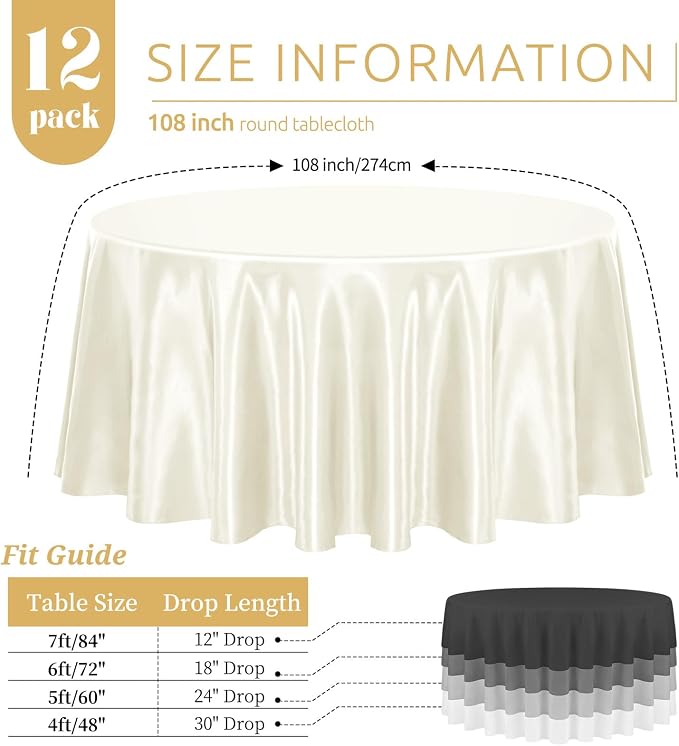 12 Pack Ivory Satin Tablecloth, 108 Inch Round Silky Satin Table Cloth, Bright Silk Tablecloth Smooth Fabric Table Covers Overlay Silky Tables Decoration for Wedding Party Banquet Birthday