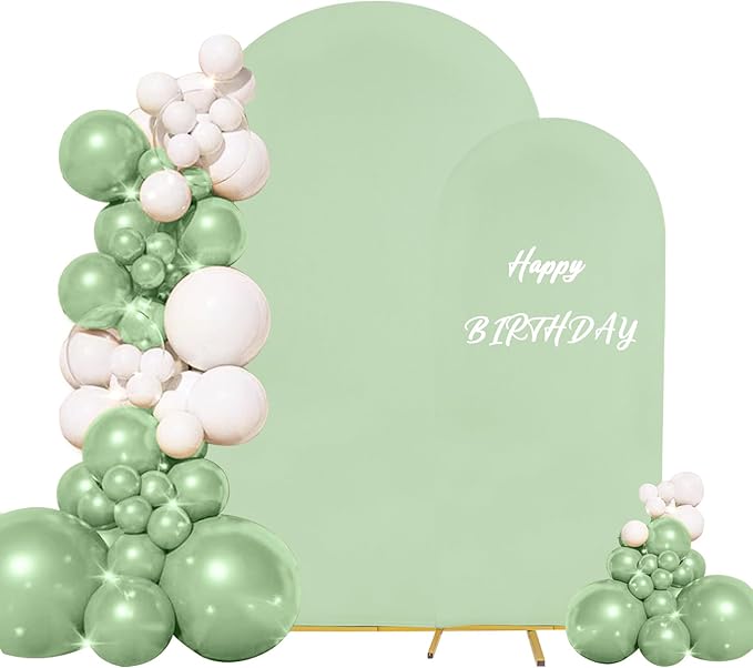 Set of 2 Wedding Arch Cover 2-Sided Round Top Spandex Fitted Arch Backdrop Cover for Birthday Party Baby Shower Wedding Arch Stand Decor（7.2FT, 6FT, Sage Green）