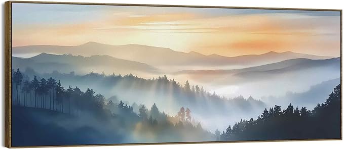 TLESKE Boho Sun Sunrise Sunset Mountain Large Wall Art Decor Framed 15x40, Foggy Forest Woodland Canvas Wall Art Print for Bedroom Above Bed Over Bed Living Room, Landscape Nautre Wall Artwork Picture