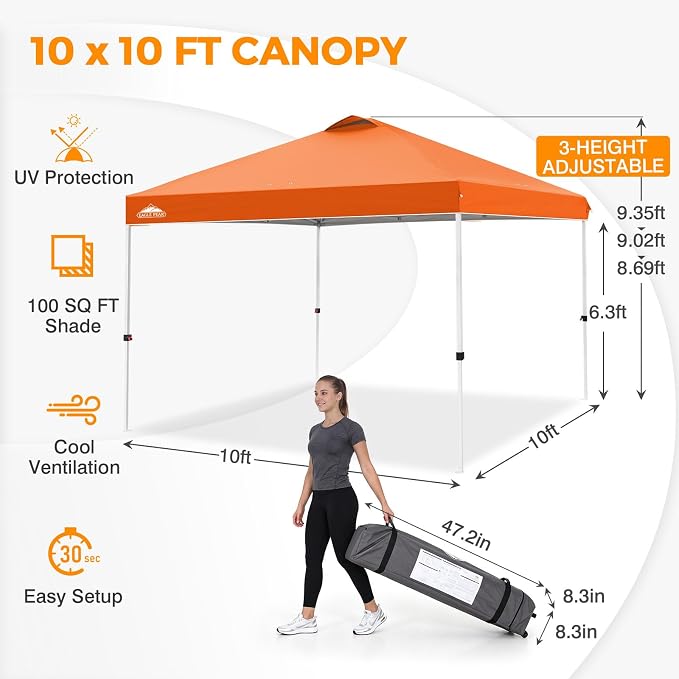 EAGLE PEAK Pop Up Canopy Tent with Wheeled Carry Bag, 8 Stakes, 4 Ropes, 4 Weight Bags, Easy Set Up Tent Canopy, 10x10 ft, 100sqft of Shade, Orange